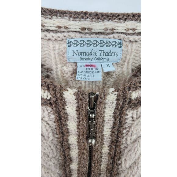 Nomadic Traders 100% Sheltland Wool Full Zip Sweater Small Snowflake Winter Tan - Picture 6 of 6